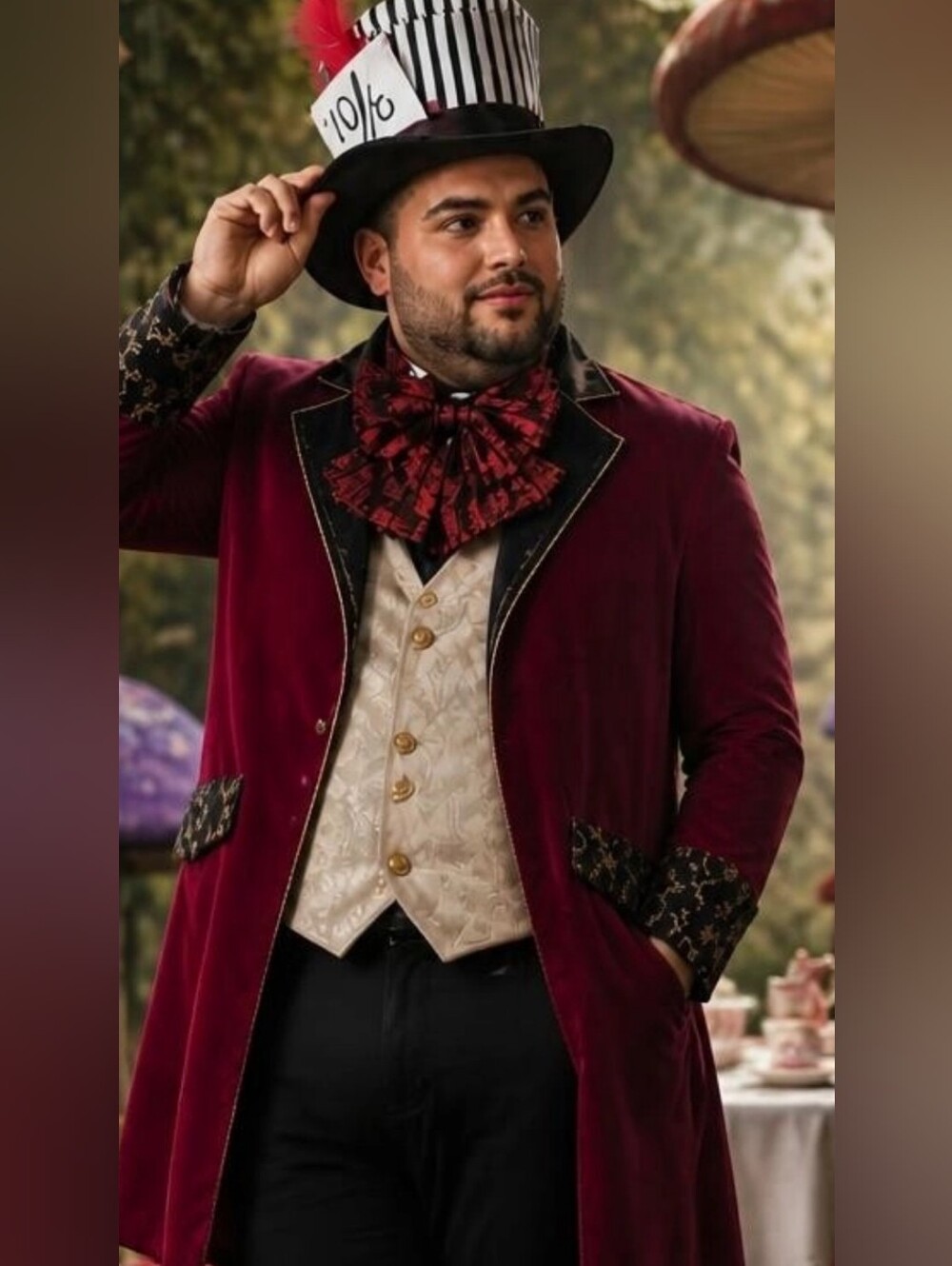 Upcycled XXXL Red Velvet Steampunk Tailcoat & Striped Hat/Mad Hatter Costume